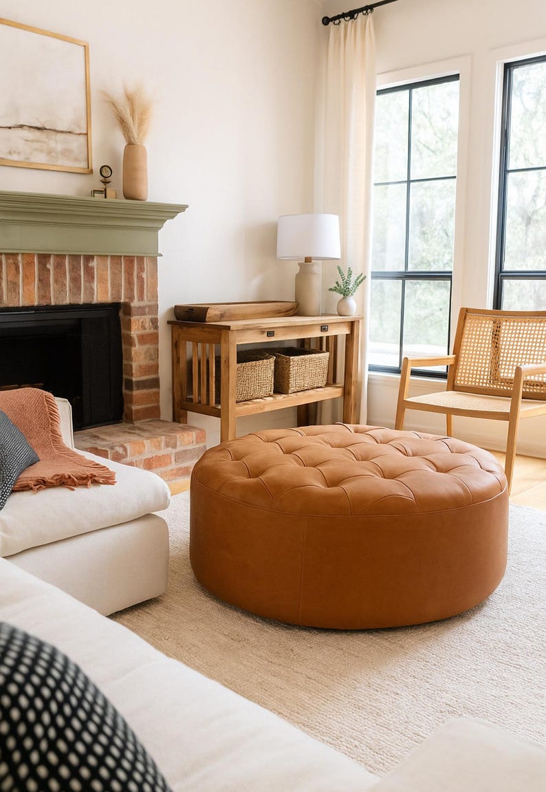 May include: A living room scene featuring a large, round, tufted ottoman in a warm brown leather. The room includes a white sofa, a wooden console table with woven baskets, and a brick fireplace. A woven chair sits near a window.