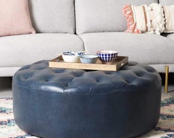 Handmade Tufted Round Leather Pouf – Large Moroccan Ottoman, Coffee Table or Footstool | Blue Pouf (Unstuffed)