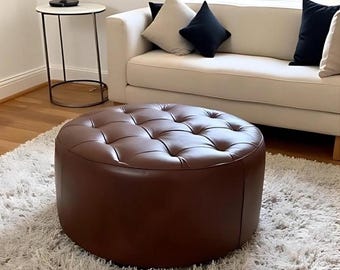 Handmade Leather Moroccan Pouf – Large Round Ottoman (Unstuffed)