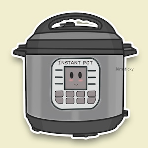 Op de afbeelding: Een zilveren Instant Pot met een zwart deksel en een digitaal display met een cartoon gezicht. Het display toont "INSTANT POT" aan.