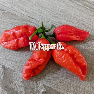 May include: Five red, wrinkled, chili peppers with green stems. The peppers are arranged in a star shape on a light brown wooden surface. The text "TA Pepper Co." is printed in orange on the surface.