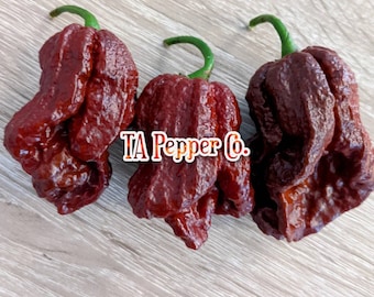 May include: Three dark red chili peppers with a wrinkled texture. The peppers are arranged in a row on a light brown wooden surface. The text "TA Pepper Co." is visible in the center of the image.