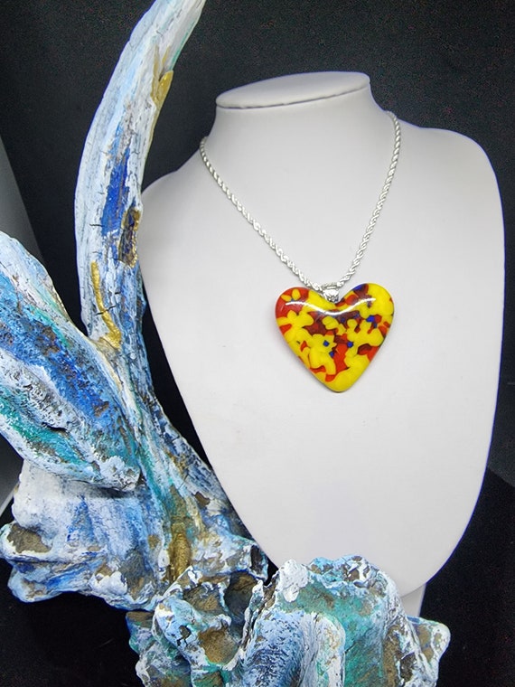 Hand Crafted Yellow and Red, Fused Glass Heart Pendant