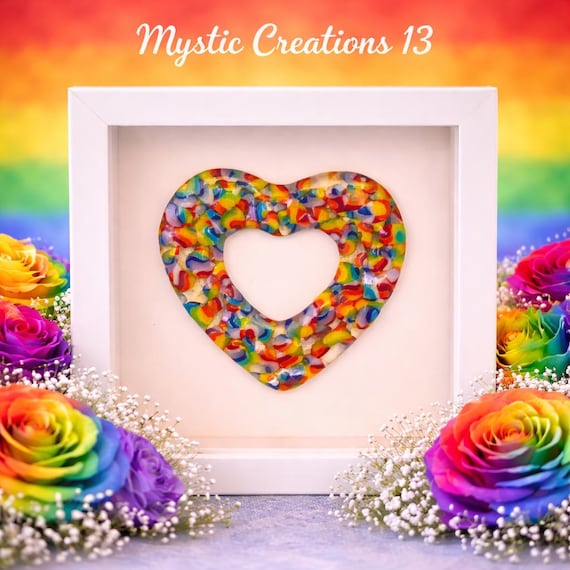 Floating Fused Glass Heart Framed Elegantly with the LGBTQ colors