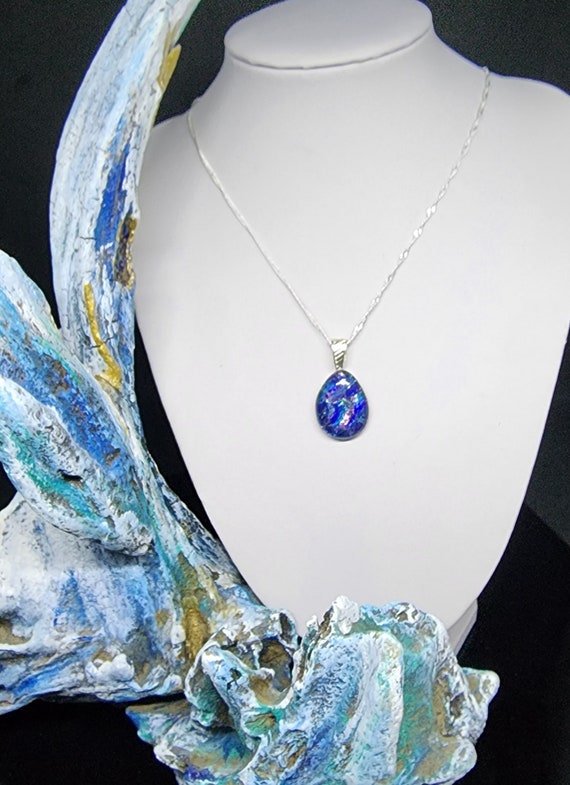 Hand Crafted Fused Dichroic Blue Teardrop Pendant