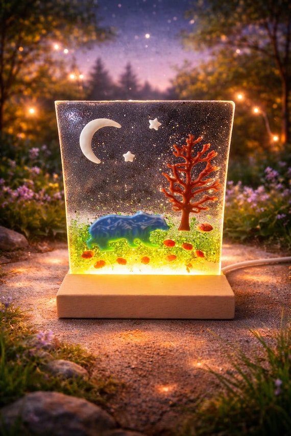 Fused Glass Bear Night Light Woodland Scene