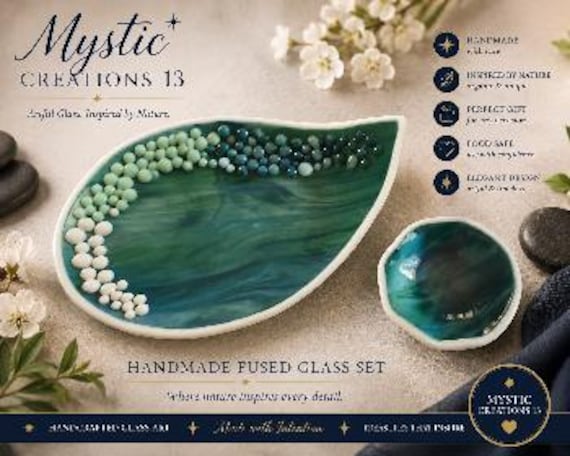 Handmade Fused Glass Leaf Bowl Set – Ocean Inspired Glass Art – Decorative Serving Bowl –