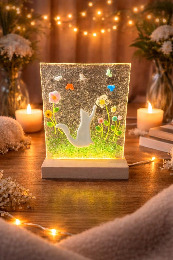 Fused Glass White Cat light with Murrini Accents