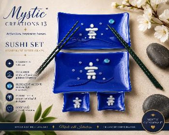 Handmade Fused Glass Sushi Set – 5 Piece Sushi Serving Set – Artisan Japanese Inspired Dinnerware –