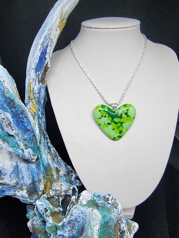 Hand Crafted Assorted Green Fused Glass Heart Pendant