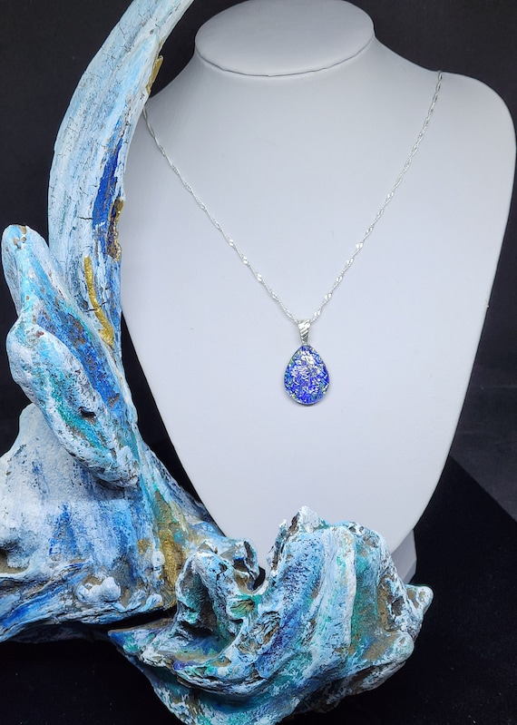 Hand Crafted Fused Dichroic Blue, Silver Sparkle Teardrop Pendant