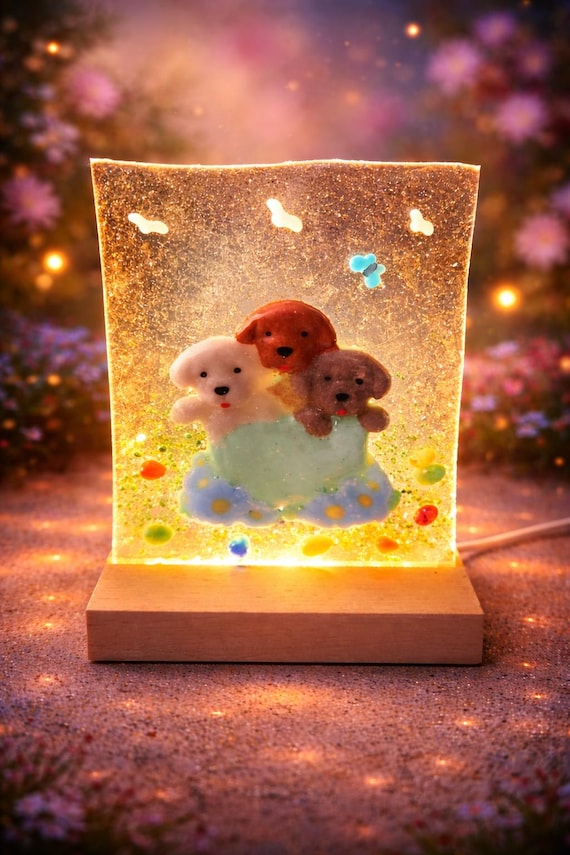 Fused Glass Puppies in a Basket Night Light