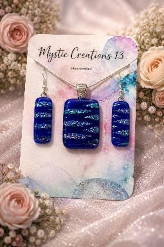 Hand Crafted Dichroic Blue Pendant with Matching Earrings