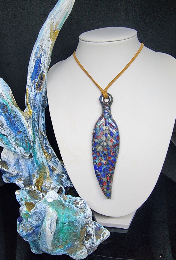 Hand Crafted Assorted Color Fused Glass Feather with Suede Necklace