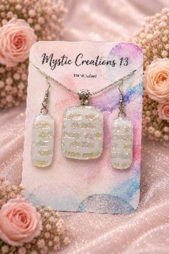 Hand Crafted Dichroic White Pendant with Matching Earrings