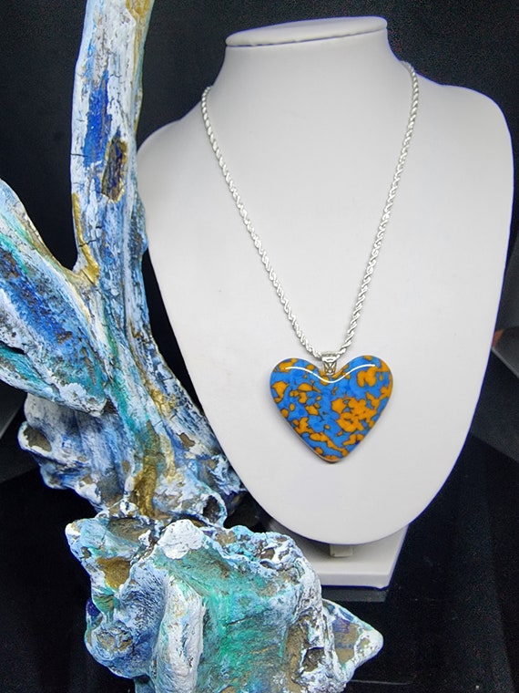 Hand Crafted Blue and Orange Fused Glass Heart Pendant