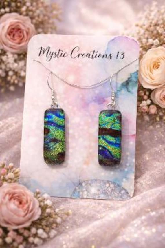 Dichroic Dangle Red, Green, and Blue Earrings
