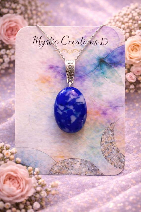 Hand Crafted Fused Glass Blue and White Pendant