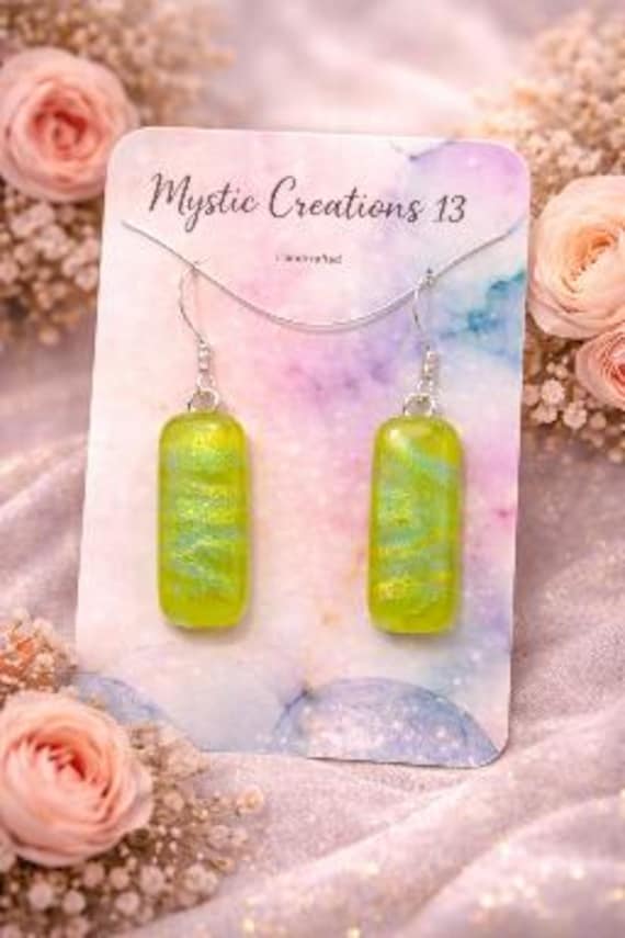 Dichroic Dangle Green Earrings