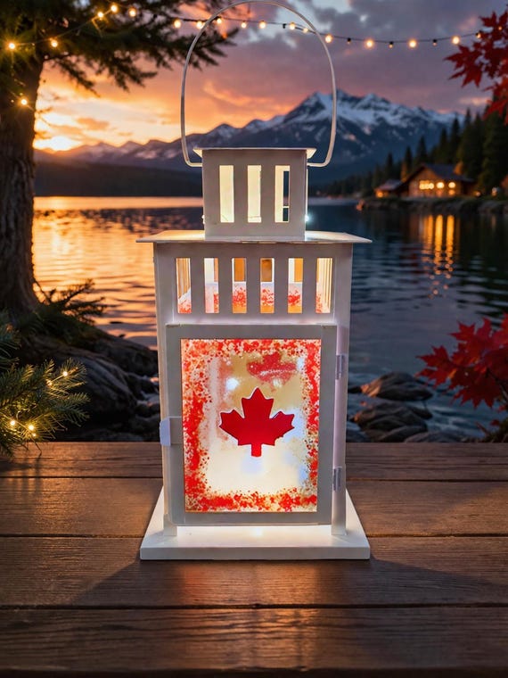 Handcrafted Fused Glass Canadian Lantern with Fairy Lights