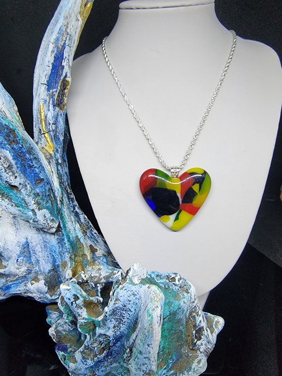 Hand Crafted Red, Yellow, Blue, Fused Glass Heart Pendant