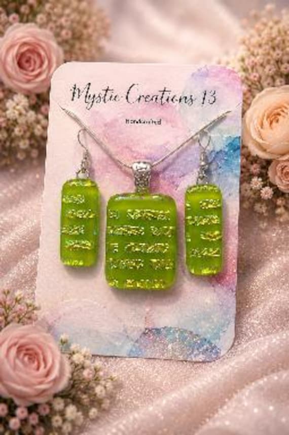 Hand Crafted Dichroic Green Pendant with Matching Earrings