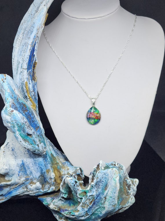 Hand Crafted Dichroic Fused Green, Silver, and Blue Glass Pendant