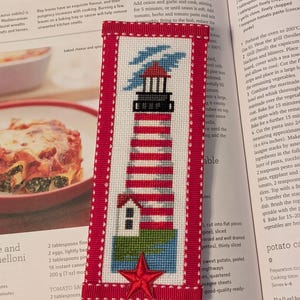 Lighthouse, red striped bookmark/magnet finished cross stitch
