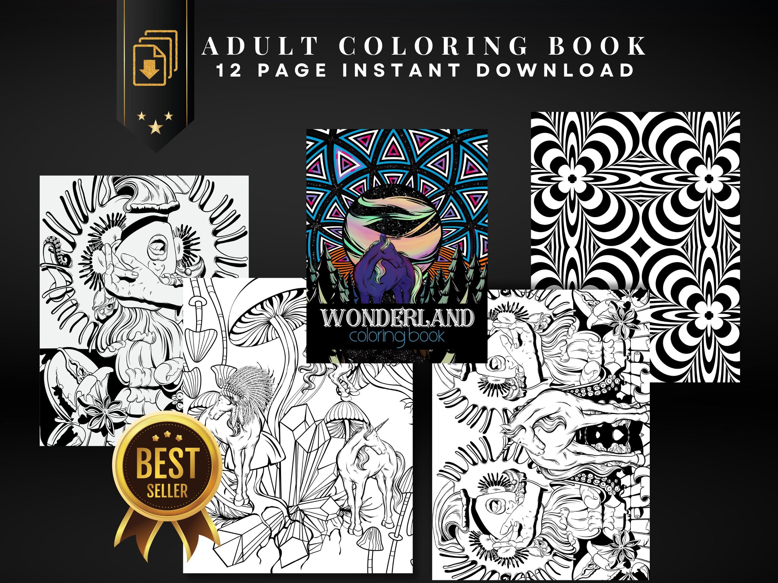 12 Page Trippy Wonderland DIGITAL Adult Coloring Book Printable PDF Coloring  Book Instant Download Adult Coloring Book 