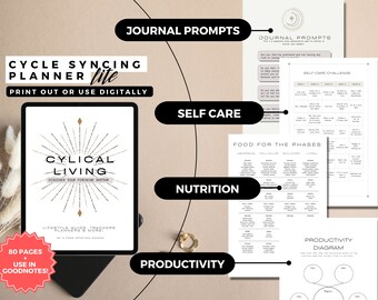 May include: A digital planner for cycle syncing with the title "Cyclical Living: Discover Your Feminine Rhythm". The planner includes lifestyle guides, trackers, and planners. The planner is 80 pages and can be used in Goodnotes.