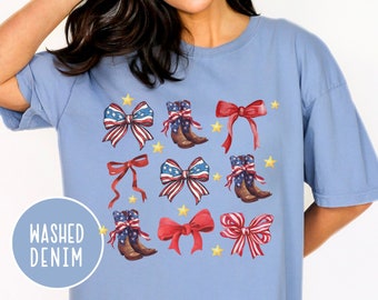 Kokette 4. von Juli Shirt, amerikanisches Cowgirl Shirt, USA Shirt, Retro 4. Juli Shirt, trendiges Sommershirt, Komfort Farben Coquette Bow Tee