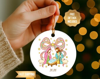 Coquette Nativity Scene Personalized Ornament, Christian Christmas Keepsake Ornament, Christian Stocking Stuffer