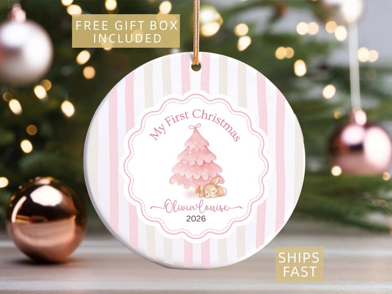 Pink Rabbit Ceramic Tree My First Christmas Ornament Baby Girl, Pink Christmas Tree Bunny ...
