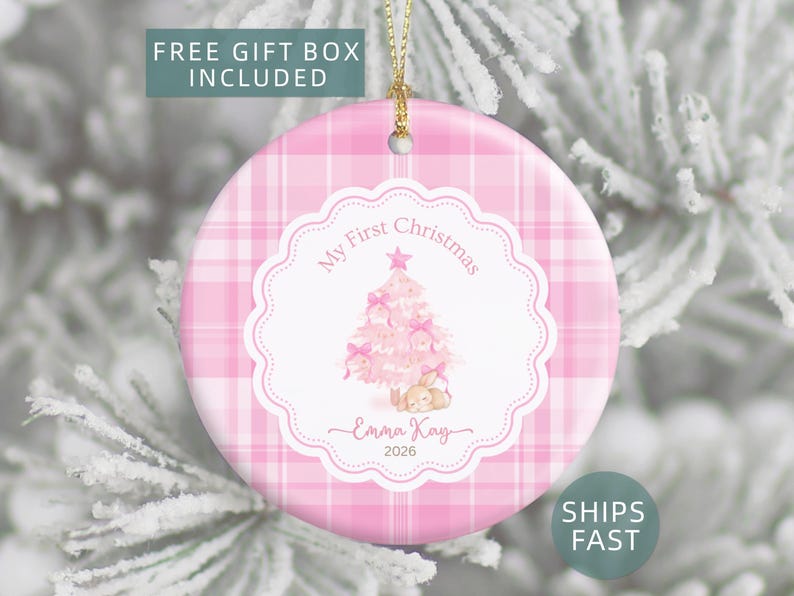 Pink Rabbit Ceramic Tree My First Christmas Ornament Baby Girl, Pink Christmas Tree Bunny ...