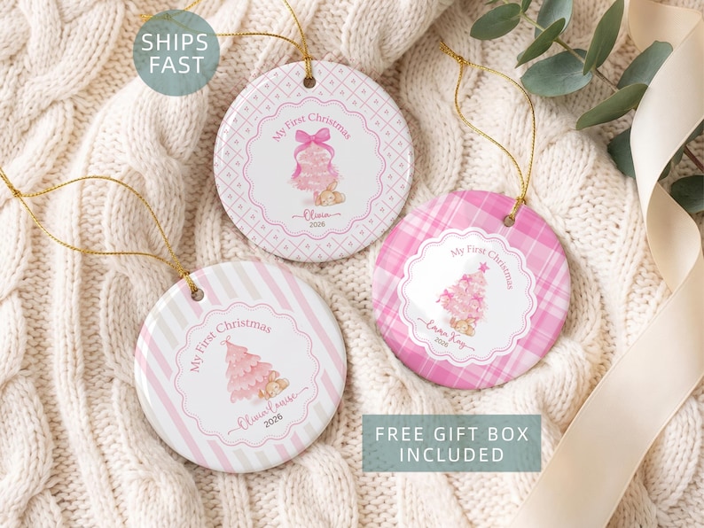 Pink Rabbit Ceramic Tree My First Christmas Ornament Baby Girl, Pink Christmas Tree Bunny ...