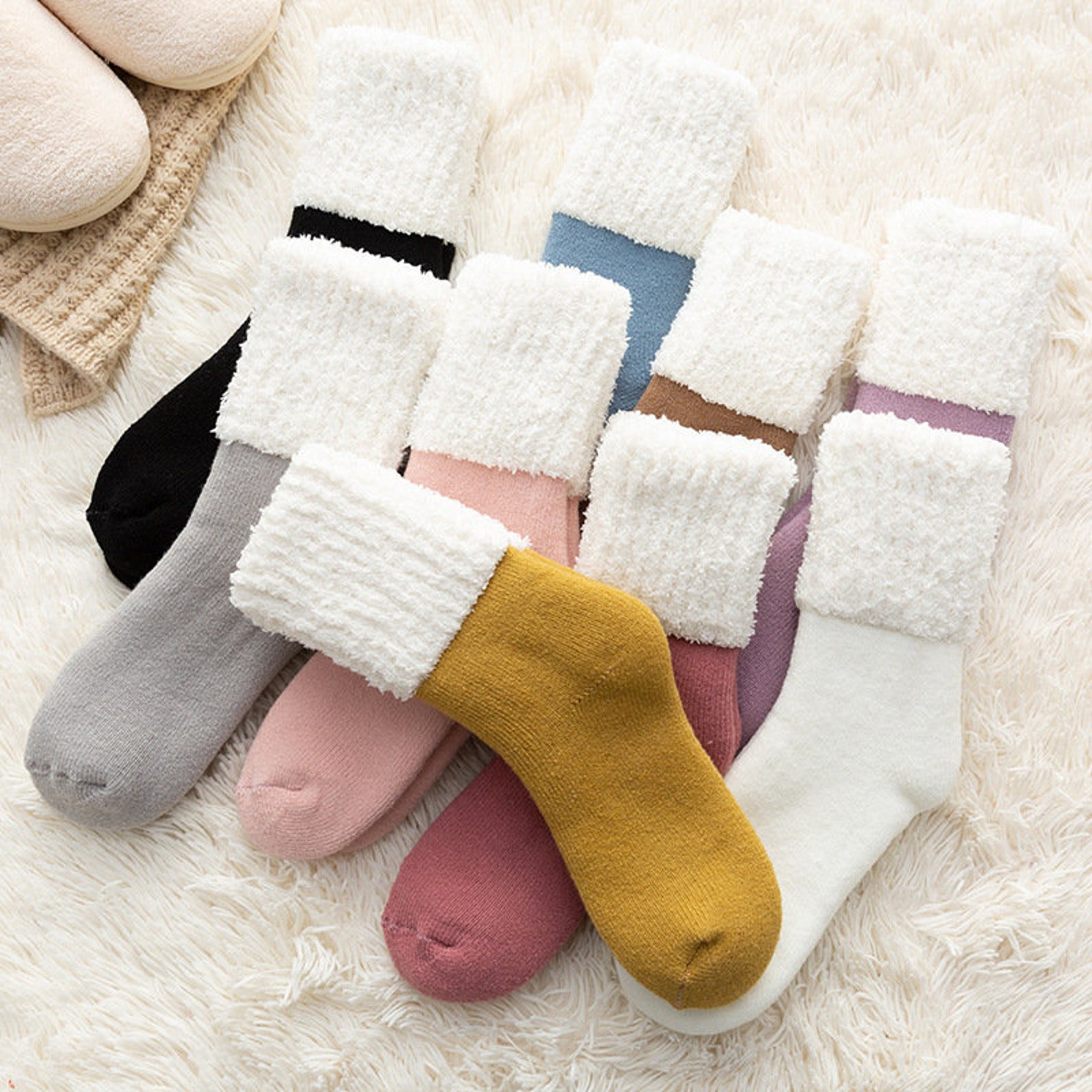 Cosy Fur Trim Socks Fluffy Socks Winter Socks Warm Socks - Etsy