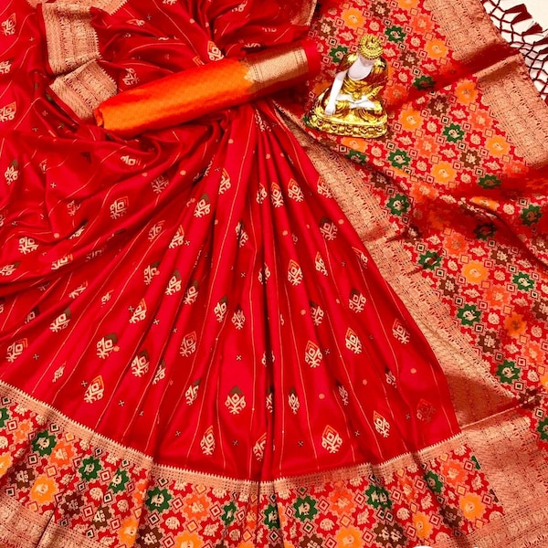 Saree en soie douce lichi Banarasi Kanchipuram Minakari | Sari audacieux et beau | Tissage de la soie Saree de mariage indien exclusif Banarasi