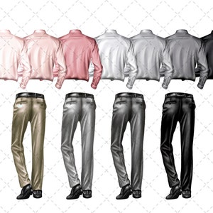 May include: Seven different long-sleeved shirts in various colors, including pink, white, gray, and black, paired with matching pants in khaki, gray, and black.