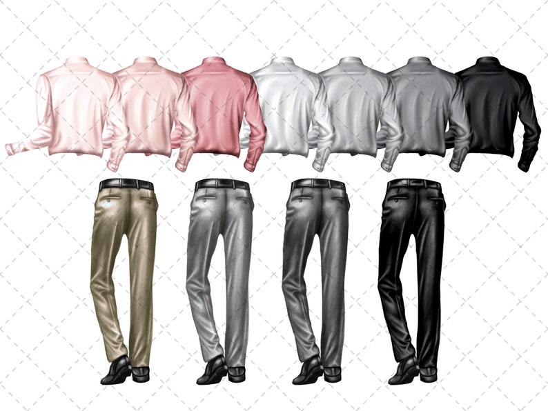 May include: Seven different long-sleeved shirts in various colors, including pink, white, gray, and black, paired with matching pants in khaki, gray, and black.