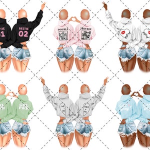 May include: Two sets of best friends wearing matching hoodies with different sayings. The first set is wearing black hoodies with "Bestie 01" and "Bestie 02" printed on them. The second set is wearing pink hoodies with "Double Trouble" and "Trouble Maker" printed on them. The third set is wearing white hoodies with "Just Friends" printed on them. The fourth set is wearing green hoodies with "Grl Pwr" printed on them. The fifth set is wearing gray hoodies with "Part of Me" and "Other Half" printed on them. The sixth set is wearing blue hoodies with "Girl Gang!" printed on them.
