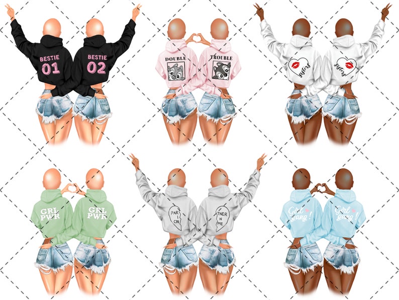 May include: Two sets of best friends wearing matching hoodies with different sayings. The first set is wearing black hoodies with "Bestie 01" and "Bestie 02" printed on them. The second set is wearing pink hoodies with "Double Trouble" and "Trouble Maker" printed on them. The third set is wearing white hoodies with "Just Friends" printed on them. The fourth set is wearing green hoodies with "Grl Pwr" printed on them. The fifth set is wearing gray hoodies with "Part of Me" and "Other Half" printed on them. The sixth set is wearing blue hoodies with "Girl Gang!" printed on them.