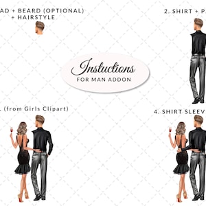May include: Instructions for adding a man to a digital illustration. The image shows four different steps: 1. Head and beard (optional) and hairstyle, 2. Shirt and pants, 3. Girl (from Girls Clipart), and 4. Shirt sleeve.