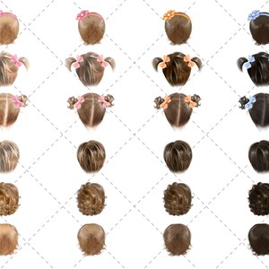 May include: A set of 10 digital illustrations of different hairstyles for children. The hairstyles include pigtails, ponytails, and short hair. The illustrations are in a cartoon style and are perfect for use in digital projects.