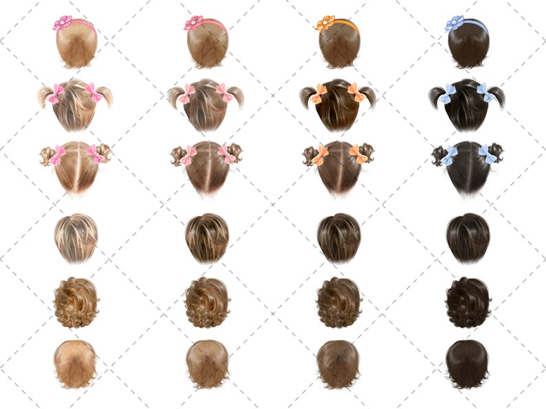May include: A set of 10 digital illustrations of different hairstyles for children. The hairstyles include pigtails, ponytails, and short hair. The illustrations are in a cartoon style and are perfect for use in digital projects.