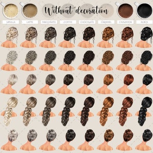 May include: An illustration featuring various hairstyles and coffee cup illustrations. The hairstyles are shown from the back, with different colors and styles. Coffee cups are shown at the top, with the names of the coffee flavors written above them.