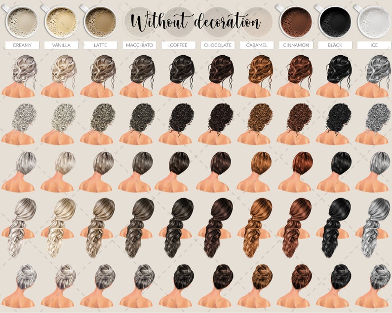 May include: An illustration featuring various hairstyles and coffee cup illustrations. The hairstyles are shown from the back, with different colors and styles. Coffee cups are shown at the top, with the names of the coffee flavors written above them.