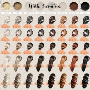 May include: Illustration featuring various hairstyles and coffee cup options. The hairstyles include buns, updos, and flowing locks, with and without floral or pearl accents. Coffee options include creamy, vanilla, latte, macchiato, coffee, chocolate, caramel, cinnamon, black, and ice.