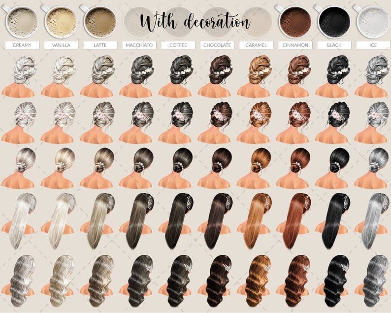 May include: Illustration featuring various hairstyles and coffee cup options. The hairstyles include buns, updos, and flowing locks, with and without floral or pearl accents. Coffee options include creamy, vanilla, latte, macchiato, coffee, chocolate, caramel, cinnamon, black, and ice.