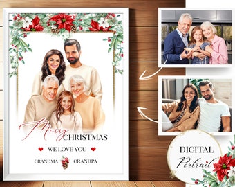 Retrato personalizado de foto personalizado hecho a mano único retrato de pareja familiar de Navidad para tarjeta de arte de pared regalo para padres, niños y abuelos
