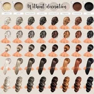 May include: A digital illustration featuring various hairstyles and coffee cup illustrations. The hairstyles range from buns to long, flowing locks in shades of blonde, brown, and black. Coffee cup illustrations include creamy, vanilla, latte, macchiato, coffee, chocolate, caramel, cinnamon, black, and ice.